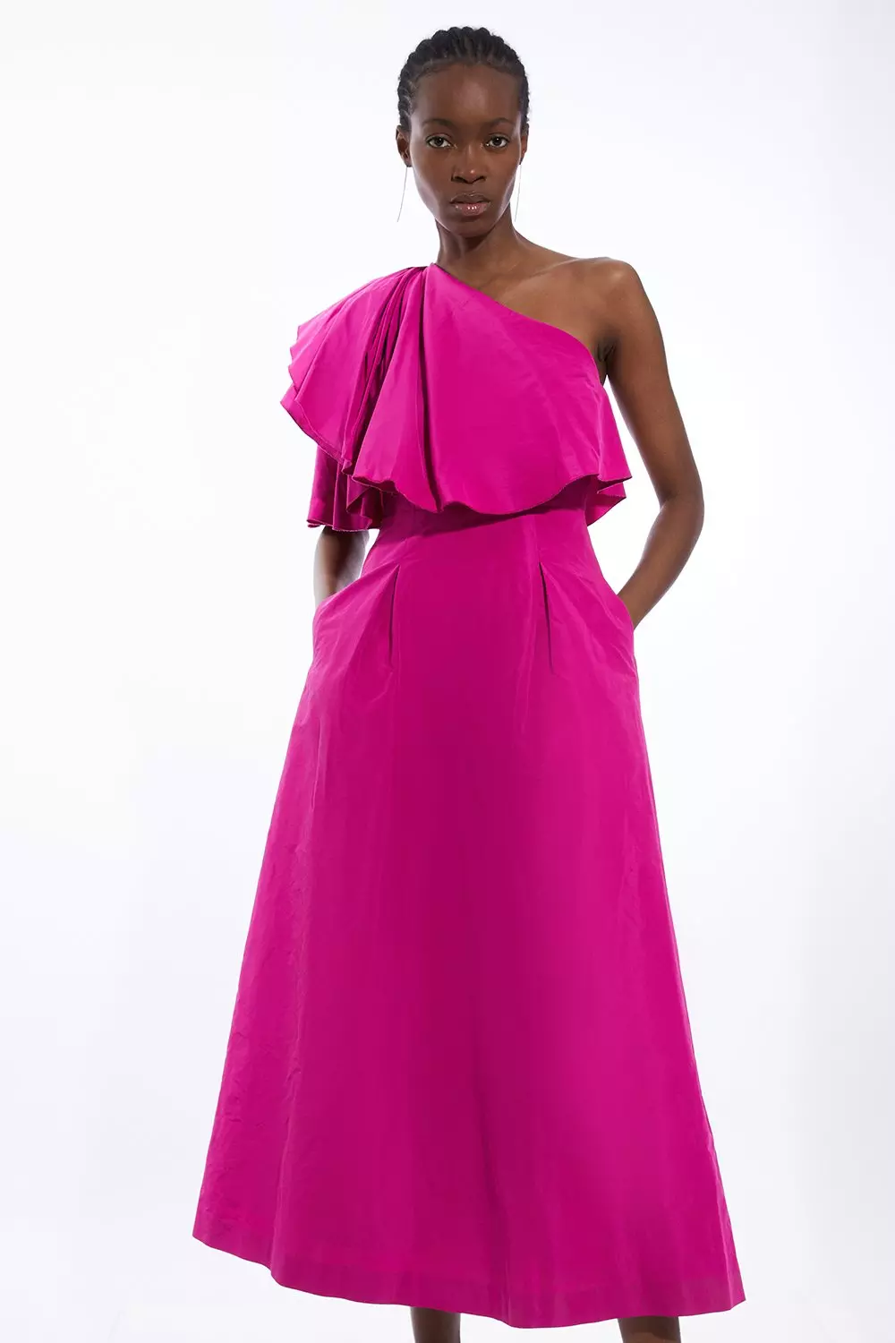 Petite Taffeta One Shoulder Ruffle Midi Dress | Karen Millen